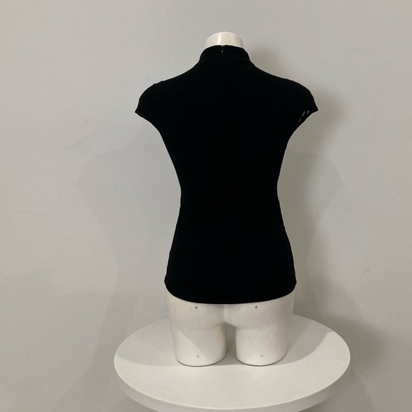 GRACIA Faux Black Leather Leopard Sheer Pattern Cap Sleeve Mock Neck Top Small - Picture 6 of 12